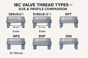 Diagram comparing common IBC tote threads including S60x6, NPT, and BSP with measurements