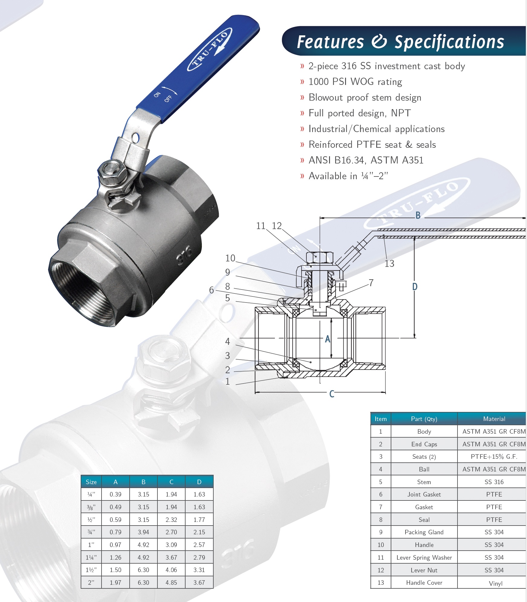 Tru - Flo Stainless Steel 2 piece Threaded Industrial Ball Valves 1/2" - 4"