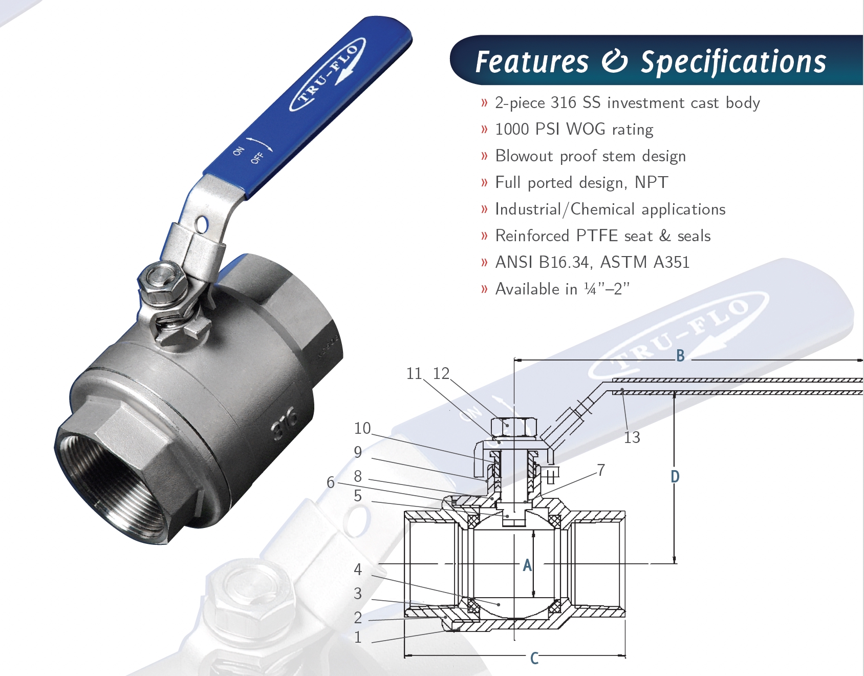 Tru - Flo Stainless Steel 2 piece Threaded Industrial Ball Valves 1/2" - 4" - Image 3