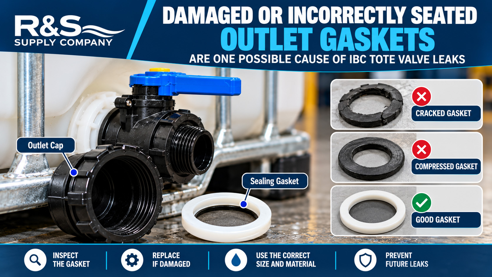 IBC tote outlet cap and sealing gasket removed for inspection of wear and damage.