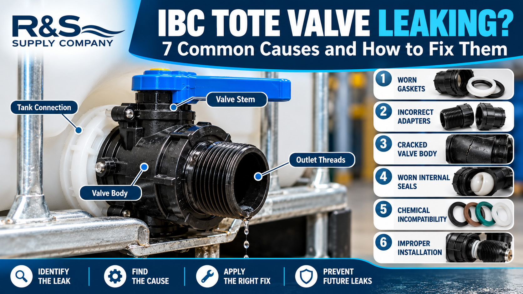 Labeled diagram showing potential leak locations at the IBC tote valve outlet cap, adapter, stem, valve body, and tank connection.
